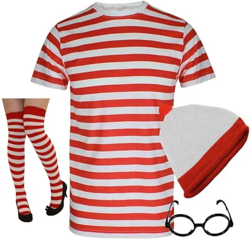 FASHIONISM 3-teiliges Set mit roten und weißen Streifen, für Herren und Damen, T-Shirt, Hut, Brille, Unisex, Kostüm, Buchwoche, 4-teiliges Set, Größe M von FASHIONISM