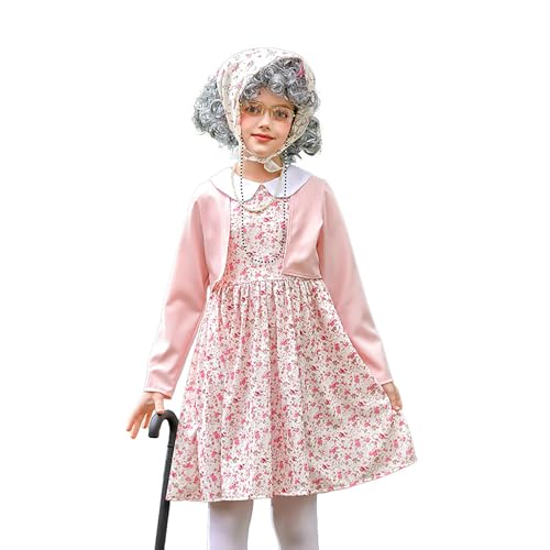 FASLOLSDP Kinder Oma Kostüm Alte Dame Cosplay Zubehör Set Grauer Dutt Perücke Kappe Brille Brillenketten Perlenkette Karneval Halloween Weihnachten Party Fasching Anzug Old Lady Kostüm Set von FASLOLSDP