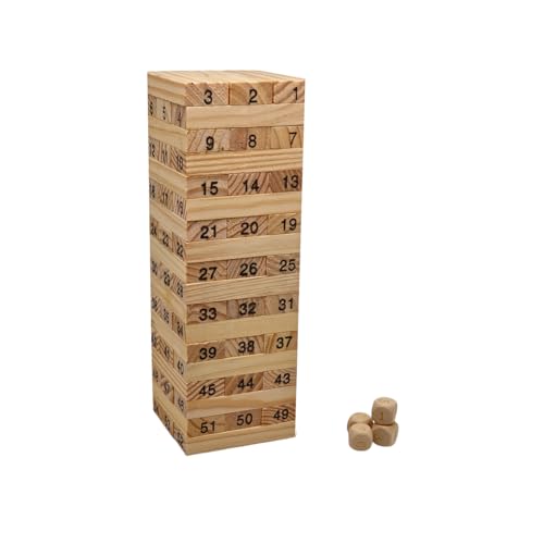 FAST WORLD SHOPPING ® Gesellschaftsspiel Turm mit stapelbaren Bausteinen aus Holz, 54 nummerierte Teile, mit Würfeln, Geschicklichkeit und Konzentration von FAST WORLD SHOPPING