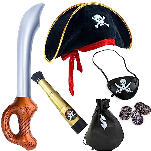 5 Stück Piratenkostüm Kinder, Piratenhut Kinder, Augenklappe Pirat, Piratenkostüm, Piratenkostüm Herren, Piraten Accessoires Damen, mit Hut, Fernrohr, Augenklappe, Messer, Münzbeutel, Kinder Cosplay von FBDSUFH