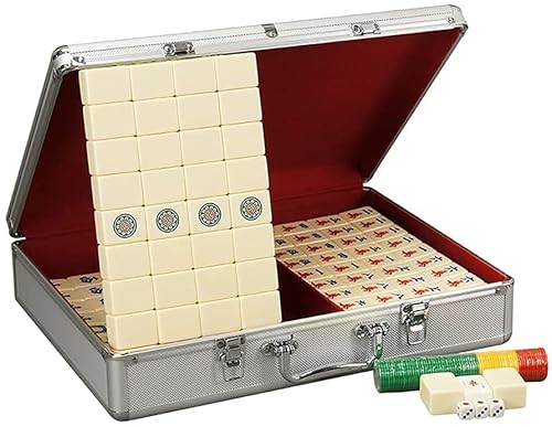 Chinesisch Mahjong，Mini Mahjong Traditionell ，. Chinesisches Mahjong-Spielset mit Aluminiumkoffer – mit 146 Tabletts, 3 Würfeln und einem Windanzeiger for das Partyspiel zu Hause, Vergnügen, Mah-Jongg von FBHDKJNFG