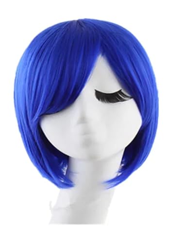 FBHDKJNFG Kurzhaarperücke Anime, Kostümperücke für Anime Gewelltes diamantblaues, geneigtes Pony-Haar, synthetisches, hitzebeständiges Kostüm, Karneval, Cosplay-Haarteil(Blauw) von FBHDKJNFG