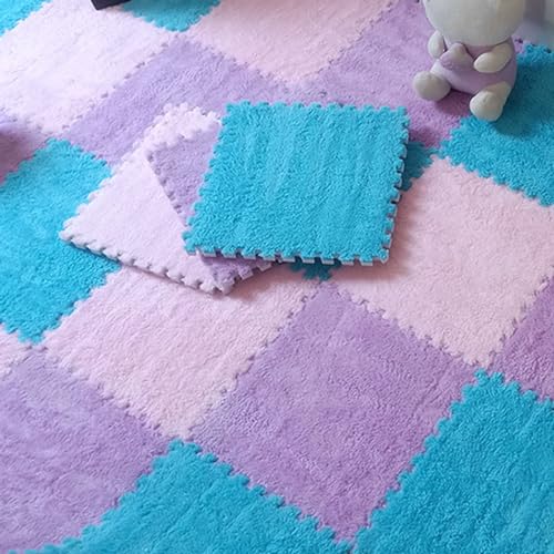 100 Stück Flauschige Schaumstoff-Bodenmatten, Spielmatten mit Rand, ineinander ge Spielmatten-Quadrate, Plüsch-Puzzle-Teppichfliesen, 30 x 30 cm (Größe: 0,23 Zoll, Farbe: Blau + Rosa + Lila) von FBHappiness