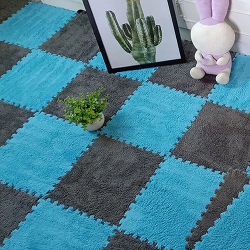 100 Stück Flauschige Schaumstoff-Bodenmatten, Spielmatten mit Rand, ineinander greifende Spielmatten-Quadrate, Plüsch-Puzzle-Teppichfliesen, 30 x 30 cm (Größe: 0,23 Zoll, Farbe: Grau + Blau) von FBHappiness
