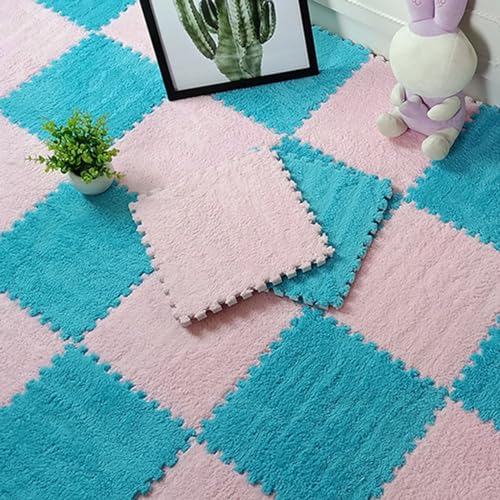 100 Stück Flauschige Schaumstoff-Bodenmatten, Spielmatten mit Rand, ineinander greifende Spielmatten-Quadrate, Plüsch-Puzzle-Teppichfliesen, 30 x 30 cm (Größe: 0,39 Zoll, Farbe: Blau + Pink) von FBHappiness