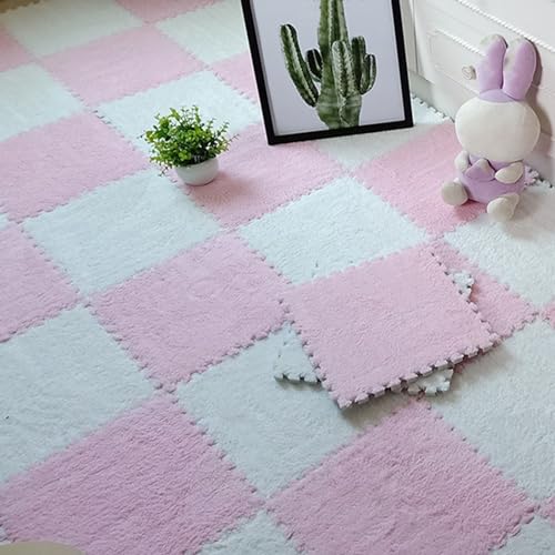 100 Stück Flauschige Schaumstoff-Bodenmatten, Spielmatten mit Rand, ineinander greifende Spielmatten-Quadrate, Plüsch-Puzzle-Teppichfliesen, 30 x 30 cm (Größe: 0,39 Zoll, Farbe: Rosa + Weiß) von FBHappiness