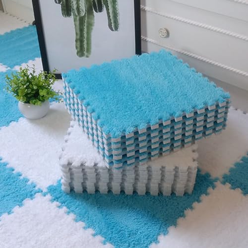100 Stück Flauschige Schaumstoff-Bodenmatten, Spielmatten mit Rand, ineinander greifende Spielmatten-Quadrate, Plüsch-Puzzle-Teppichfliesen, 30 x 30 cm (Größe: 0,39 Zoll, Farbe: Weiß + Blau) von FBHappiness