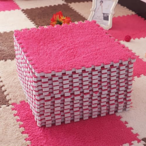16-teiliges Plüsch-Puzzle-Schaumstoff-Spielset, ineinander greifende Teppichflieppichfliesen, 1 cm dick, quadratische, Flauschige Bodenmattenfliesen, Flächenteppiche, 30 cm (Farbe: Rosenrot) von FBHappiness