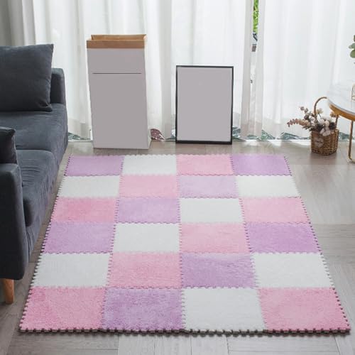 20 Stück Plüschschaum-Puzzle-Spielmatten für das Wohnzimmer, 0,23 und 0,39 Zoll greifende Teppichfliesen für den Boden, Schaumstoff-Bodenfliesen (Größe: 0,23 Zoll, Farbe: Weiß + Rosa + Lila) von FBHappiness
