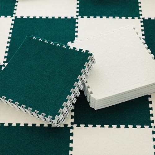 30 Stück ineinander greifende Teppichfliesen, 30 cm kurze Puzzle-Bodenmatte aus ze Puzzle-Bodenmatte aus Plüschschaum, Spielmatte, Flächenteppiche, Zuhause, Bodenschutz (Farbe: Grün + Beige) von FBHappiness