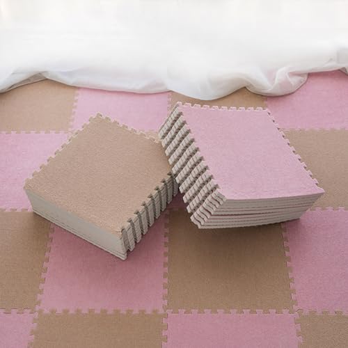 30 Stück ineinander greifende Teppichfliesen, 30 cm kurze Puzzle-Bodenmatte aus ze Puzzle-Bodenmatte aus Plüschschaum, Spielmatte, Flächenteppiche, Zuhause, Bodenschutz (Farbe: Khaki + Pink) von FBHappiness