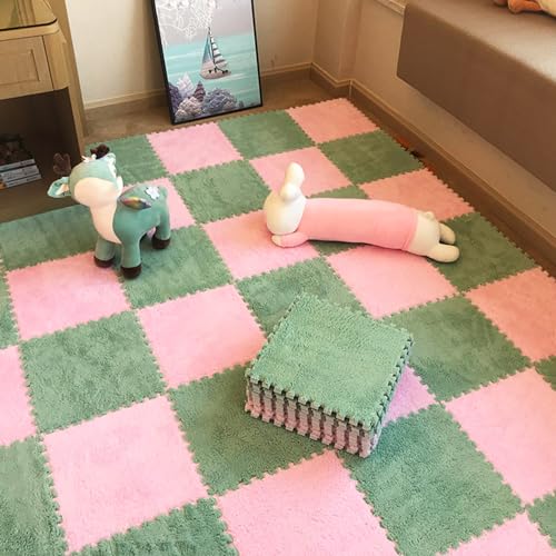 30 x 30 cm Plüschteppiche für das Wohnzimmer, Puzzle-Teppichfliesen, ineinander de Puzzle-Bodenmattenfliesen, Plüsch-Spielmatte für den Boden, 36 Teile (Größe: 0,23 Zoll, Farbe: Grün + Pink) von FBHappiness