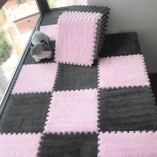 30 x 30 cm Plüschteppiche für das Wohnzimmer, Puzzle-Teppichfliesen, ineinander de Puzzle-Bodenmattenfliesen, Plüsch-Spielmatte für den Boden, 36 Teile (Größe: 0,39 Zoll, Farbe: Grau + Pink) von FBHappiness