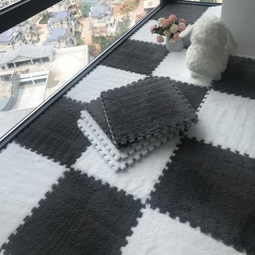 30 x 30 cm Plüschteppiche für das Wohnzimmer, Puzzle-Teppichfliesen, ineinander de Puzzle-Bodenmattenfliesen, Plüsch-Spielmatte für den Boden, 36 Teile (Größe: 0,39 Zoll, Farbe: Grau + Weiß) von FBHappiness