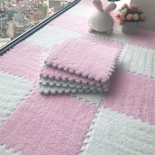 30 x 30 cm Plüschteppiche für das Wohnzimmer, Puzzle-Teppichfliesen, ineinander de Puzzle-Bodenmattenfliesen, Plüsch-Spielmatte für den Boden, 36 Teile (Größe: 0,39 Zoll, Farbe: Weiß + Rosa) von FBHappiness