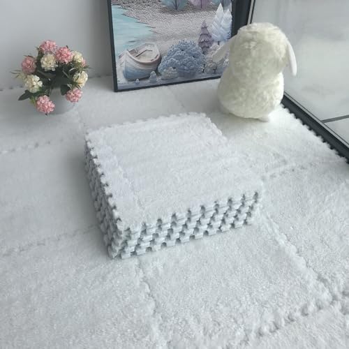 30 x 30 cm Plüschteppiche für das Wohnzimmer, Puzzle-Teppichfliesen, ineinander greifende Puzzle-Bodenmattenfliesen, Plüsch-Spielmatte für den Boden, 36 Teile (Größe: 0,39 Zoll, Farbe: Weiß) von FBHappiness