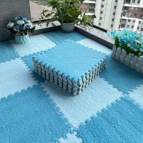 30 x 30 cm Plüschteppiche für das Wohnzimmer, Puzzle-Teppichfliesen, ineinander uzzle-Bodenmattenfliesen, Plüsch-Spielmatte für den Boden, 36 Teile (Größe: 0,39 Zoll, Farbe: Hellblau + Blau) von FBHappiness