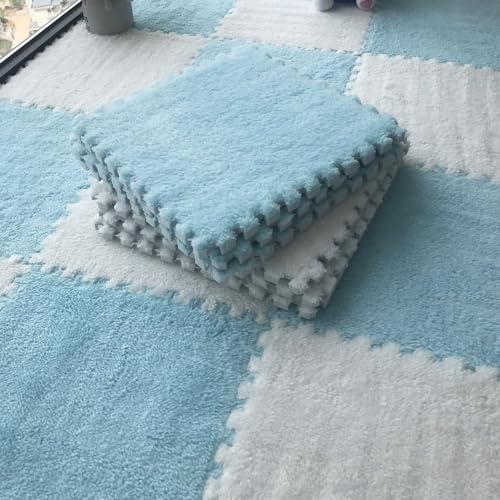 30 x 30 cm Plüschteppiche für das Wohnzimmer, Puzzle-Teppichfliesen, ineinander uzzle-Bodenmattenfliesen, Plüsch-Spielmatte für den Boden, 36 Teile (Größe: 0,39 Zoll, Farbe: Hellblau + Weiß) von FBHappiness