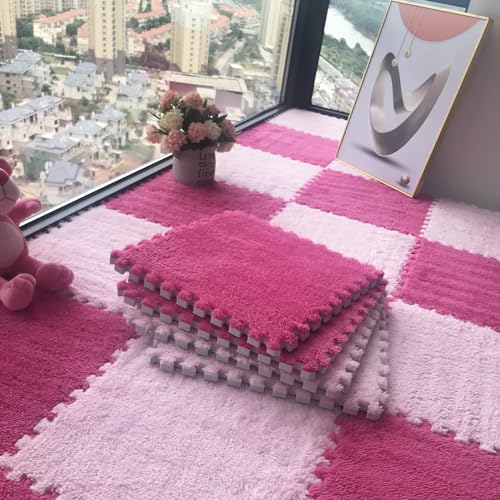 30 x 30 cm Plüschteppiche für das Wohnzimmer, Puzzle-Teppichfliesen, ineinander uzzle-Bodenmattenfliesen, Plüsch-Spielmatte für den Boden, 36 Teile (Größe: 0,39 Zoll, Farbe: Rosenrot + Pink) von FBHappiness