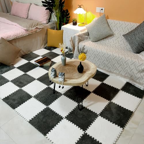 Plüsch-Puzzle-Schaumstoff-Bodenmatte, Puzzle-Bodenmatten-Fliesen, Plüsch-Teppichch-Teppichfliesen, Puzzle-Spielmatten-Teppich, ineinander greifende Bodenmatten, 36 Stück (Farbe: Grau + Weiß) von FBHappiness