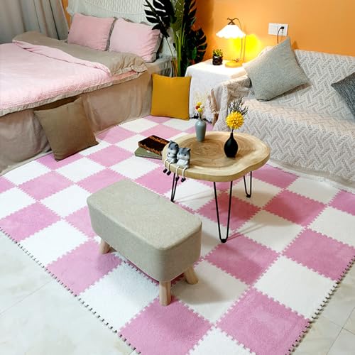 Plüsch-Puzzle-Schaumstoff-Bodenmatte, Puzzle-Bodenmatten-Fliesen, Plüsch-Teppichch-Teppichfliesen, Puzzle-Spielmatten-Teppich, ineinander greifende Bodenmatten, 36 Stück (Farbe: Rosa + Weiß) von FBHappiness