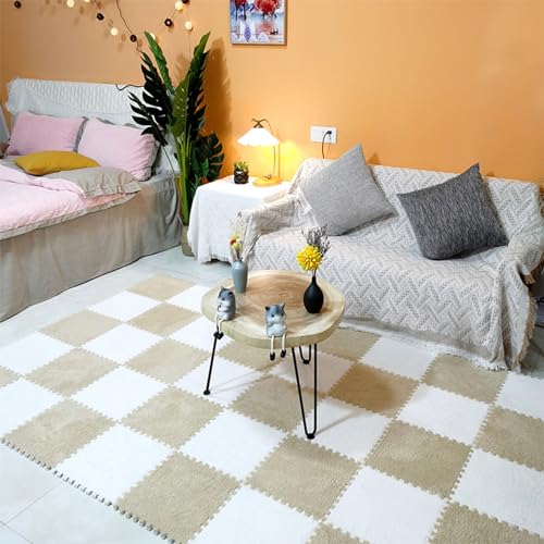 Plüsch-Puzzle-Schaumstoff-Bodenmatte, Puzzle-Bodenmatten-Fliesen, Plüsch-Teppicheppichfliesen, Puzzle-Spielmatten-Teppich, ineinander greifende Bodenmatten, 36 Stück (Farbe: Aprikose + Weiß) von FBHappiness