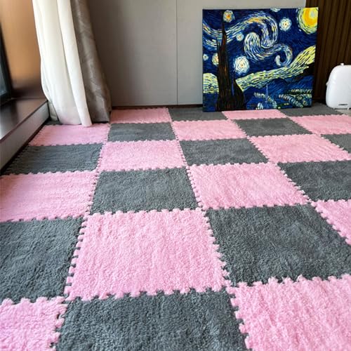Weiche, ineinander greifende Puzzle-Teppichfliesen, 10 Stück, multifunktionale Pchaummatte, 30,5 x 30,5 cm große Teppiche, Bodenspielmatte, Heimdekoration (Größe: 0,6 cm, Farbe: Pink + Grau) von FBHappiness