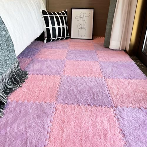 Weiche, ineinander greifende Puzzle-Teppichfliesen, 10 Stück, multifunktionale Pummatte, 30,5 x 30,5 cm große Teppiche, Bodenspielmatte, Heimdekoration (Größe: 0,39 Zoll, Farbe: Pink + Lila) von FBHappiness