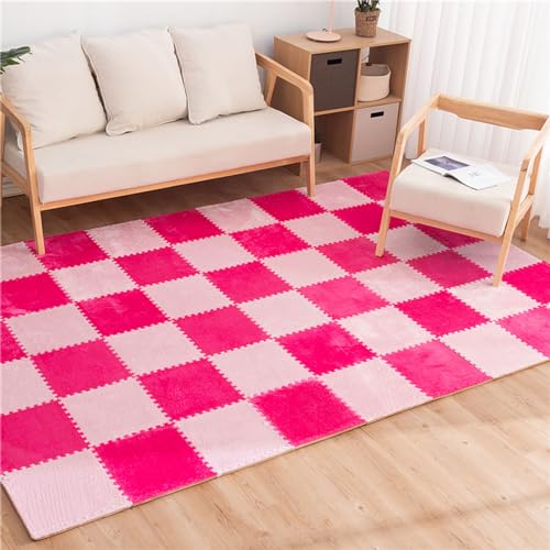 Weiche, quadratische Bodenmatte aus Plüschschaum, 30 ineinander greifende Teppic Flauschige Puzzle-Spielmatten-Bodenfliesen, Teppiche für Spielzimmer, Heimdekoration (Farbe: Pink + Rosenrot) von FBHappiness