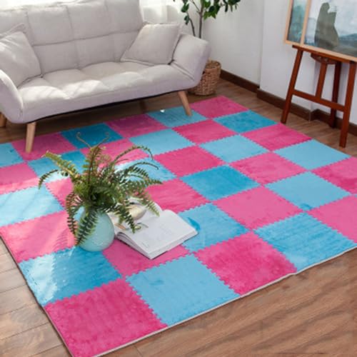Weiche, quadratische Bodenmatte aus Plüschschaum, 30 ineinander greifende Teppic Flauschige Puzzle-Spielmatten-Bodenfliesen, Teppiche für Spielzimmer, Heimdekoration (Farbe: Rosenrot + Blau) von FBHappiness