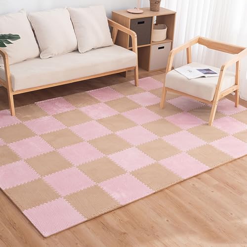 Weiche, quadratische Bodenmatte aus Plüschschaum, 30 ineinander greifende Teppicen, Flauschige Puzzle-Spielmatten-Bodenfliesen, Teppiche für Spielzimmer, Heimdekoration (Farbe: Khaki + Pink) von FBHappiness