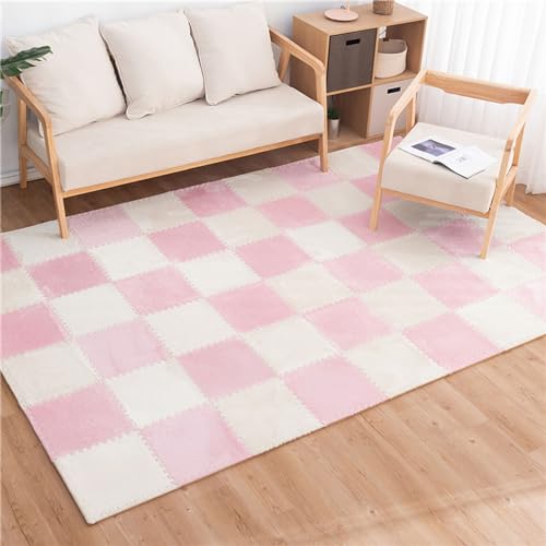 Weiche, quadratische Bodenmatte aus Plüschschaum, 30 ineinander greifende Teppicsen, Flauschige Puzzle-Spielmatten-Bodenfliesen, Teppiche für Spielzimmer, Heimdekoration (Farbe: Weiß + Pink) von FBHappiness