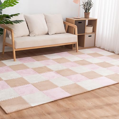 Weiche, quadratische Bodenmatte aus Plüschschaum, 30 ineinander greifende Teppicuschige Puzzle-Spielmatten-Bodenfliesen, Teppiche für Spielzimmer, Heimdekoration (Farbe: Weiß + Khaki + Pink) von FBHappiness