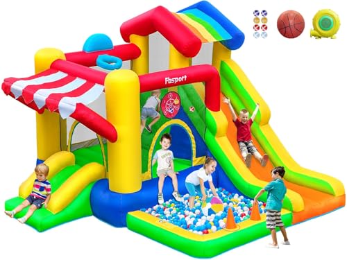 FBSPORT Hüpfburg für Kinder Indoor Outdoor mit Doppel Rutsche, Trampolin, Bällebad, Kletterwand, Fußballplatz und Basketballkorb, Maximale Last 135KG, 322×305×208 cm von FBSPORT