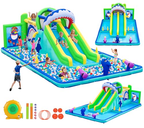 Große Hüpfburg mit Wasserrutsche und Gebläse 580×390×210 cm, XXL Hüpfburgen für Kinder Indoor Outdoor mit 2 Trocken-/Wasserrutsche, Kletterwand, Sprungbereich, Wurfringe, Basketball, Splash von FBSPORT