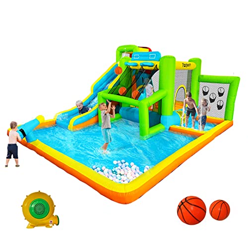 Hüpfburg mit Gebläse Trocken/Wasserrutsch, Wasserpark für Kinder Outdoor Indoor, Wasserhüpfburg Garten XXL mit Kletterwand Trampolin Basketballkorb, Hält bis zu 4 Kinder/140KG, 425 x 355 x 215 cm von FBSPORT