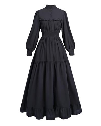 FCCAM Mittelalter Kleidung Damen Vintage Kleider Damen Viktorianisches Kleid Damen Kleid Schwarz Mittelalter Kleid Damen Baumwolle Langarm, Schwarz, M von FCCAM