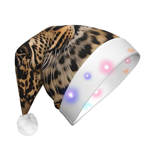 FCTVASDM Niedliche Leoparden-Weihnachtsmannmütze, lustig, Unisex, Samt, mit bunten LED-Lichtern, Weihnachtsmütze für Erwachsene, Weihnachtsmannmütze für Neujahr, festliches Partyzubehör von FCTVASDM