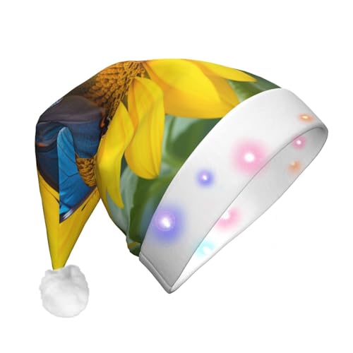 FCTVASDM Weihnachtsmütze mit blauem Schmetterling, Unisex, Samt, mit bunten LED-Lichtern, Weihnachtsmütze für Erwachsene, Weihnachtsmannmütze für Neujahr, festliches Partyzubehör von FCTVASDM