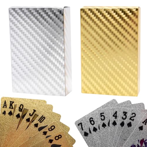 FCXVXCL Spielkarten, Vergoldete Spielkarten Goldfolie Pokerkarten Kartenspiel Poked Deck, 24K Poker Luxus Goldfolien-Spielkarten Plastikschürhaken Spiel Karten - 2 Kartendecks, Goldfolie/Silberfolie von FCXVXCL