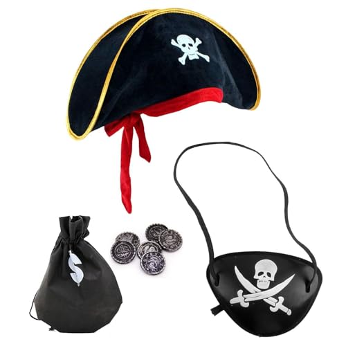 FDGGT 1 Piratenhut Und 1 Piraten-Augenklappe, Mit 1 Münzbeutel, Rollenspielzubehör, Kreatives Verkleidungszubehör von FDGGT