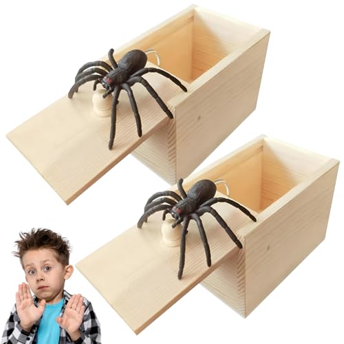 2 Stücke Spinne Streich-Box,Spider Prank Scare Box,Gummispinne,Scherzartikel für Halloween Streich,Spinne in Box,Holz Prank Spider Scare Box,für Kinder Erwachsene Party Favors Gifts von FDJZXW