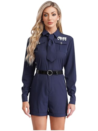 FEESHOW 3Psc Damen Polizistin Kostüm Karneval Faschingskostüm Frauen Polizei Uniform Overall Mit Gürtel Und Krawatte Marineblau L von FEESHOW