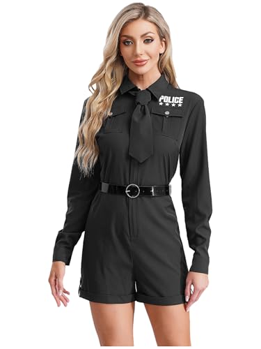 FEESHOW 3Psc Damen Polizistin Kostüm Karneval Faschingskostüm Frauen Polizei Uniform Overall Mit Gürtel Und Krawatte Schwarz 3XL von FEESHOW