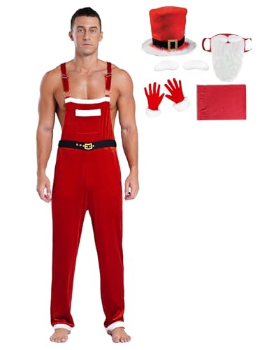 FEESHOW 5 Stücke Herren Kostüm Weihnachtsmann Outfit Komplett Santa Claus Anzug Erwachsene Kostüm Weihnachten Overall Set Set&Zylinder-Hut M von FEESHOW