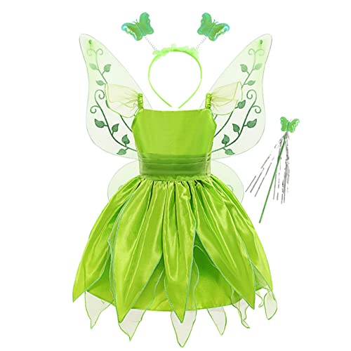 FEESHOW Baby Kinder Mädchen Grüne Waldfee Kostüm Elfe Flügel Tüllkleid Karneval Fasching Geburtstag Cosplay Outfit Grün_C 134-140/9-10 Jahre von FEESHOW