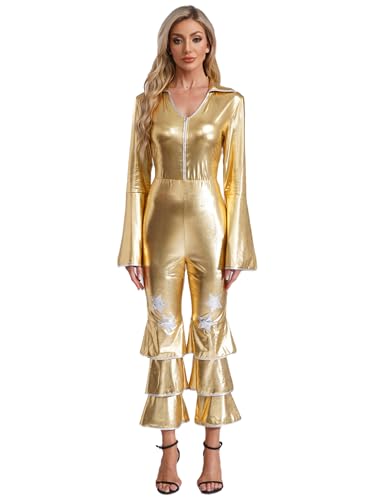 FEESHOW Damen 70er Jahre Disco Kostüm Glitzer Disco Overall Metallic Schlaghose Halloween Faschingskostüm Mottoparty Outfit Gold L von FEESHOW