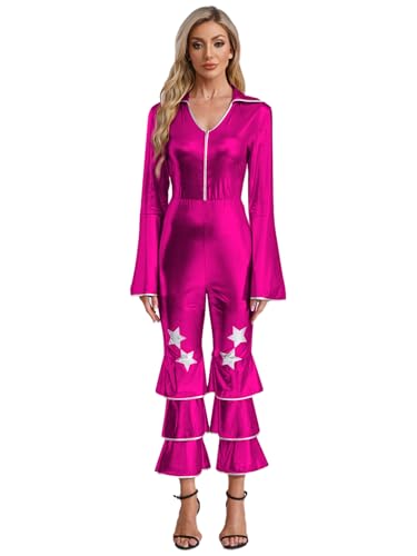 FEESHOW Damen 70er Jahre Disco Kostüm Glitzer Disco Overall Metallic Schlaghose Halloween Faschingskostüm Mottoparty Outfit Hot Pink 3XL von FEESHOW