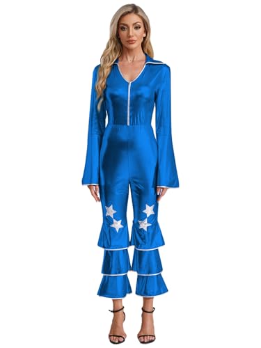 FEESHOW Damen 70er Jahre Disco Kostüm Glitzer Disco Overall Metallic Schlaghose Halloween Faschingskostüm Mottoparty Outfit Königsblau 4XL von FEESHOW