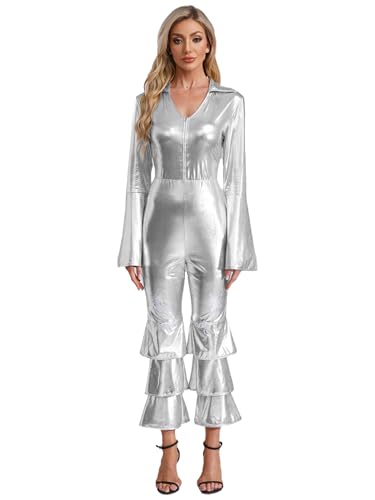 FEESHOW Damen 70er Jahre Disco Kostüm Glitzer Disco Overall Metallic Schlaghose Halloween Faschingskostüm Mottoparty Outfit Silber 4XL von FEESHOW